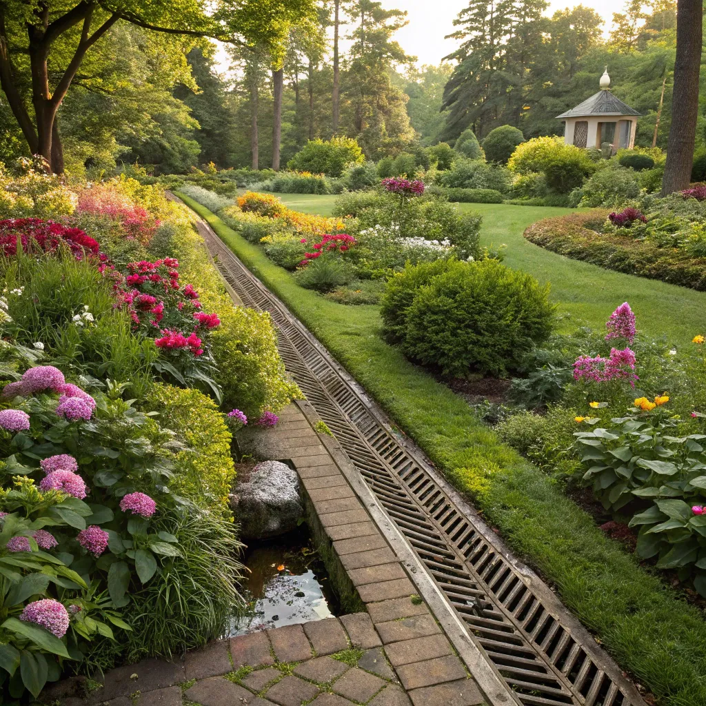 A lush garden with drainage system